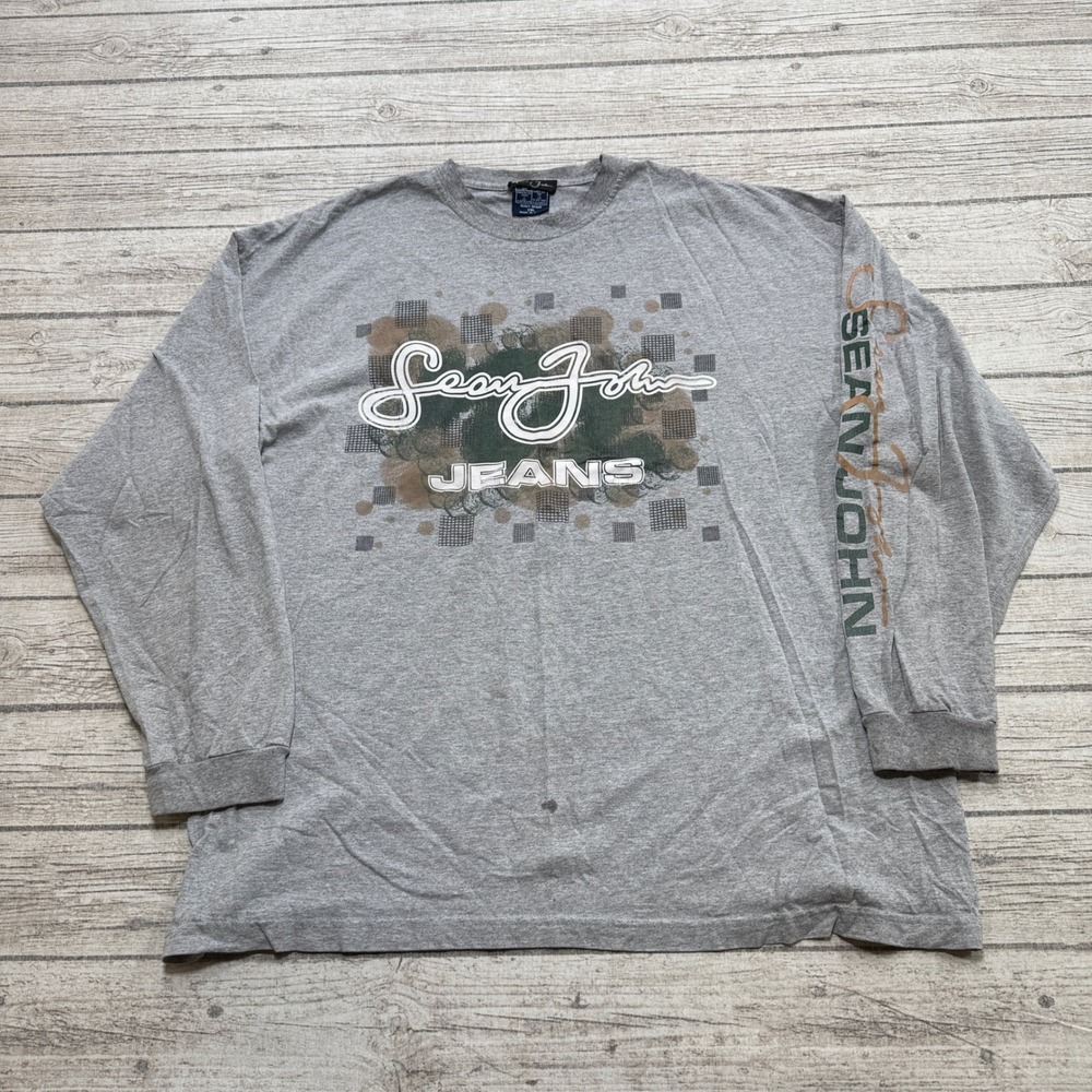 Vintage Sean John T-Shirt Men's 2XL Gray Relaxed Fit Long Sleeve Heavyweight USA
